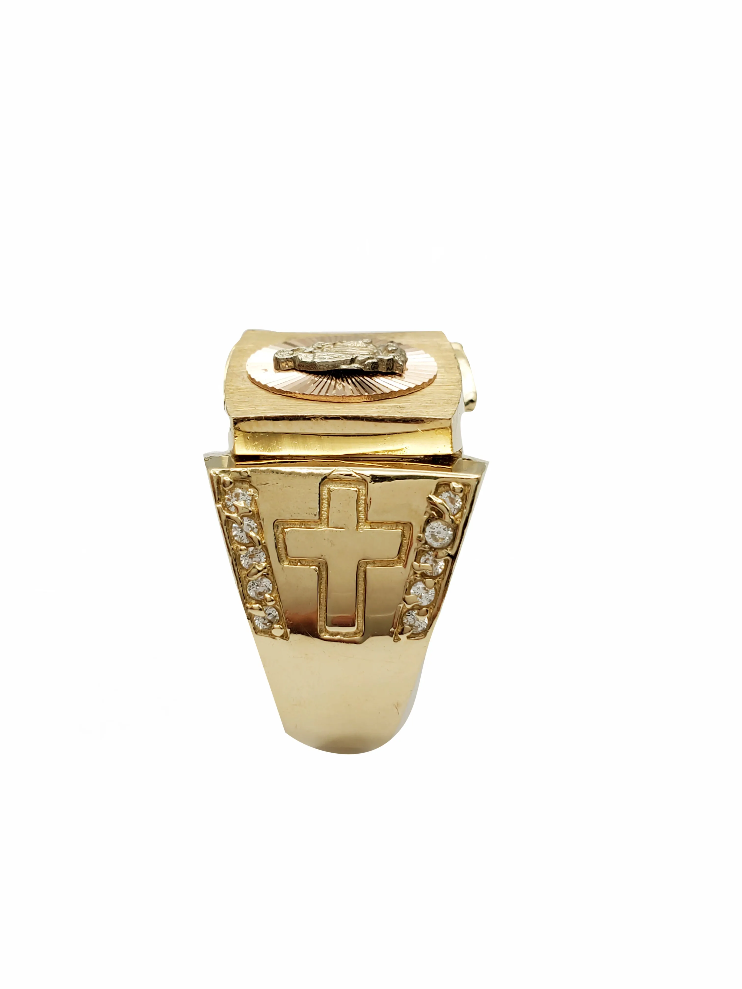 Tricolor Halo Virgin Mary & Cross Men's Ring (14K)