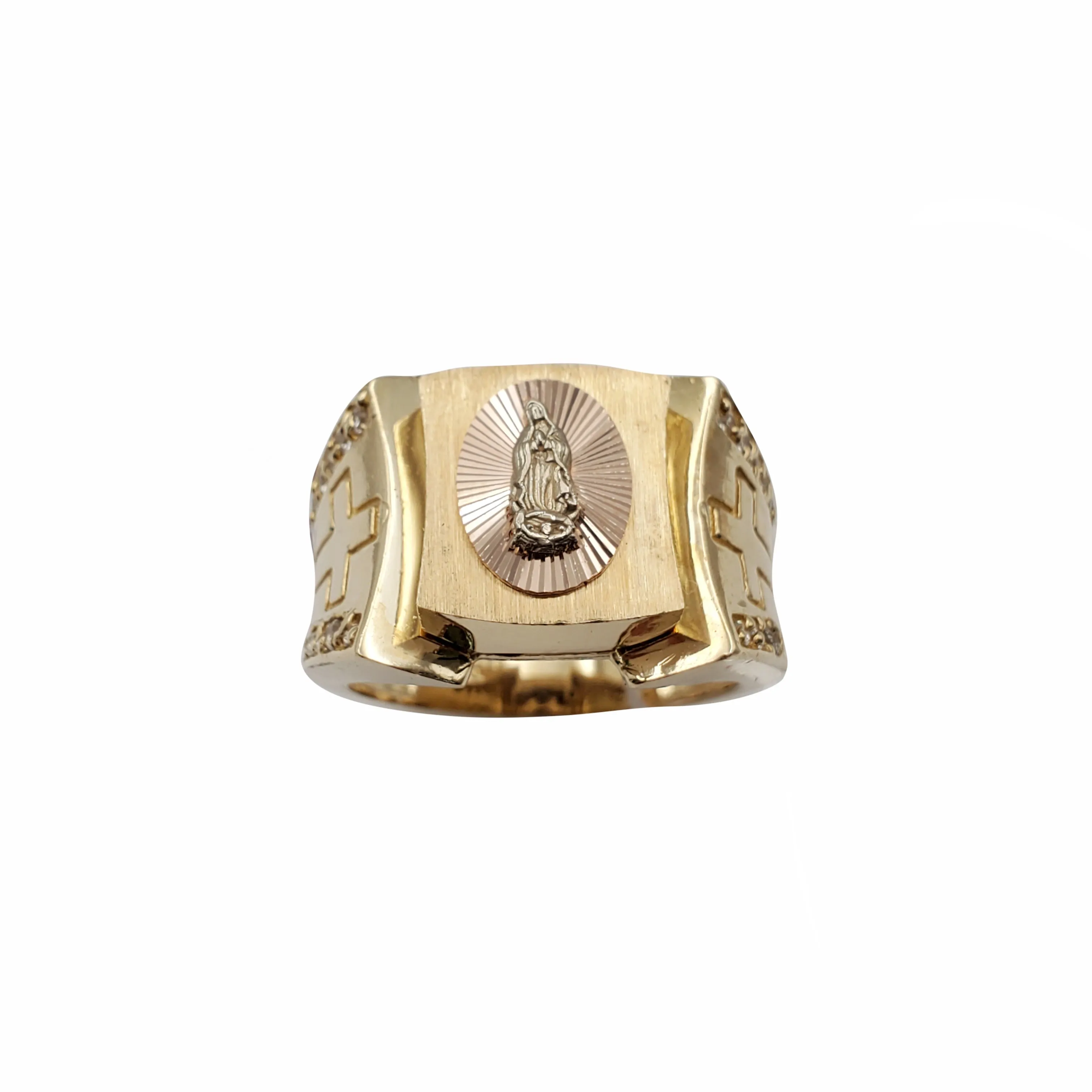 Tricolor Halo Virgin Mary & Cross Men's Ring (14K)