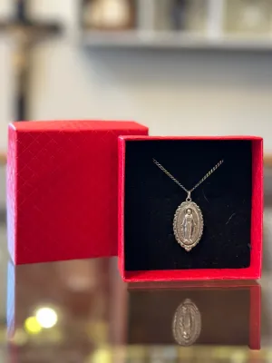 Vintage Ornate Sterling Silver Saint Mary Virgin Mary Miraculous Medal Religious Pendant Necklace in Box