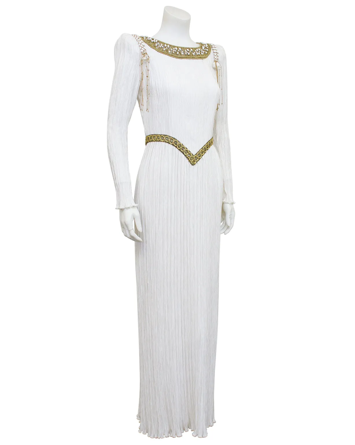 White Jewel Trimmed Micro Pleated Gown