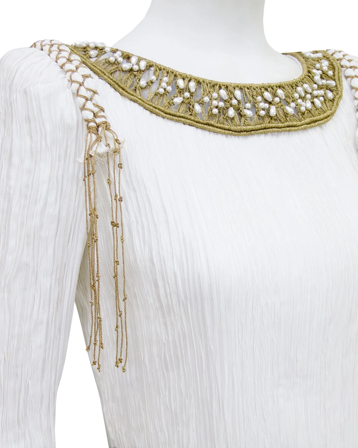 White Jewel Trimmed Micro Pleated Gown