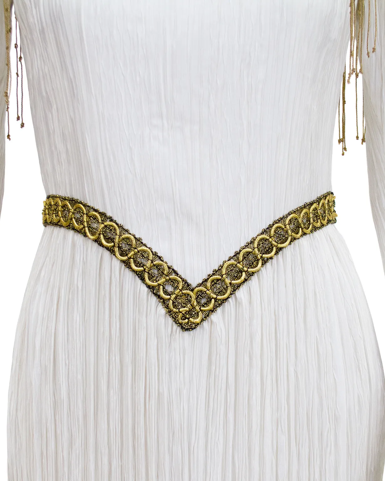 White Jewel Trimmed Micro Pleated Gown
