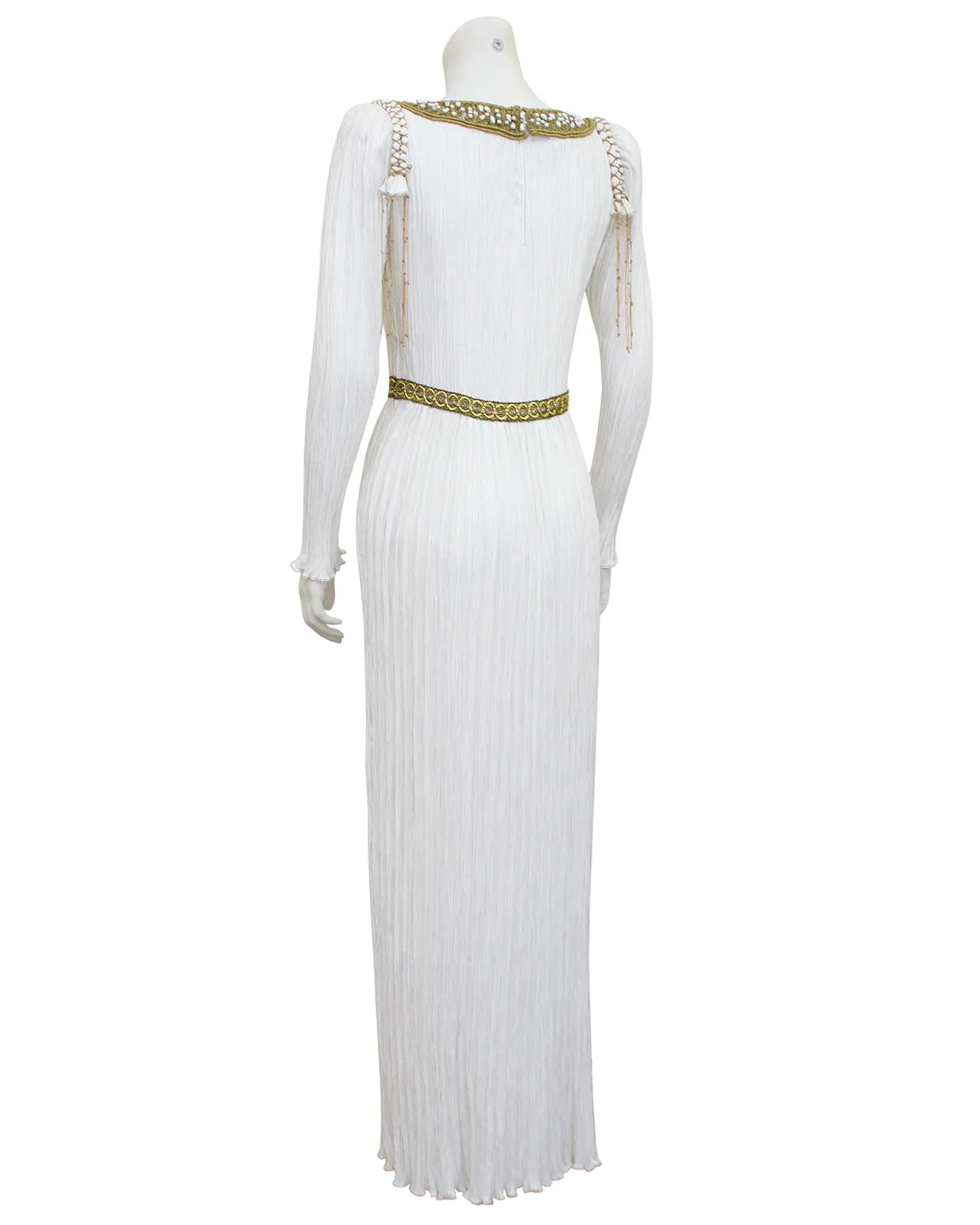White Jewel Trimmed Micro Pleated Gown