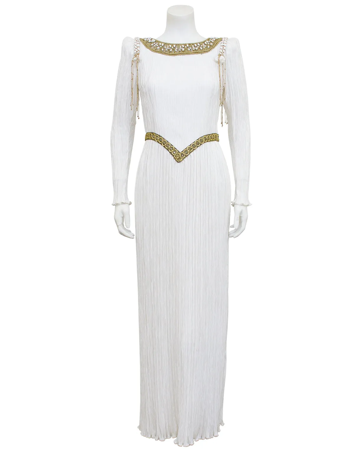 White Jewel Trimmed Micro Pleated Gown