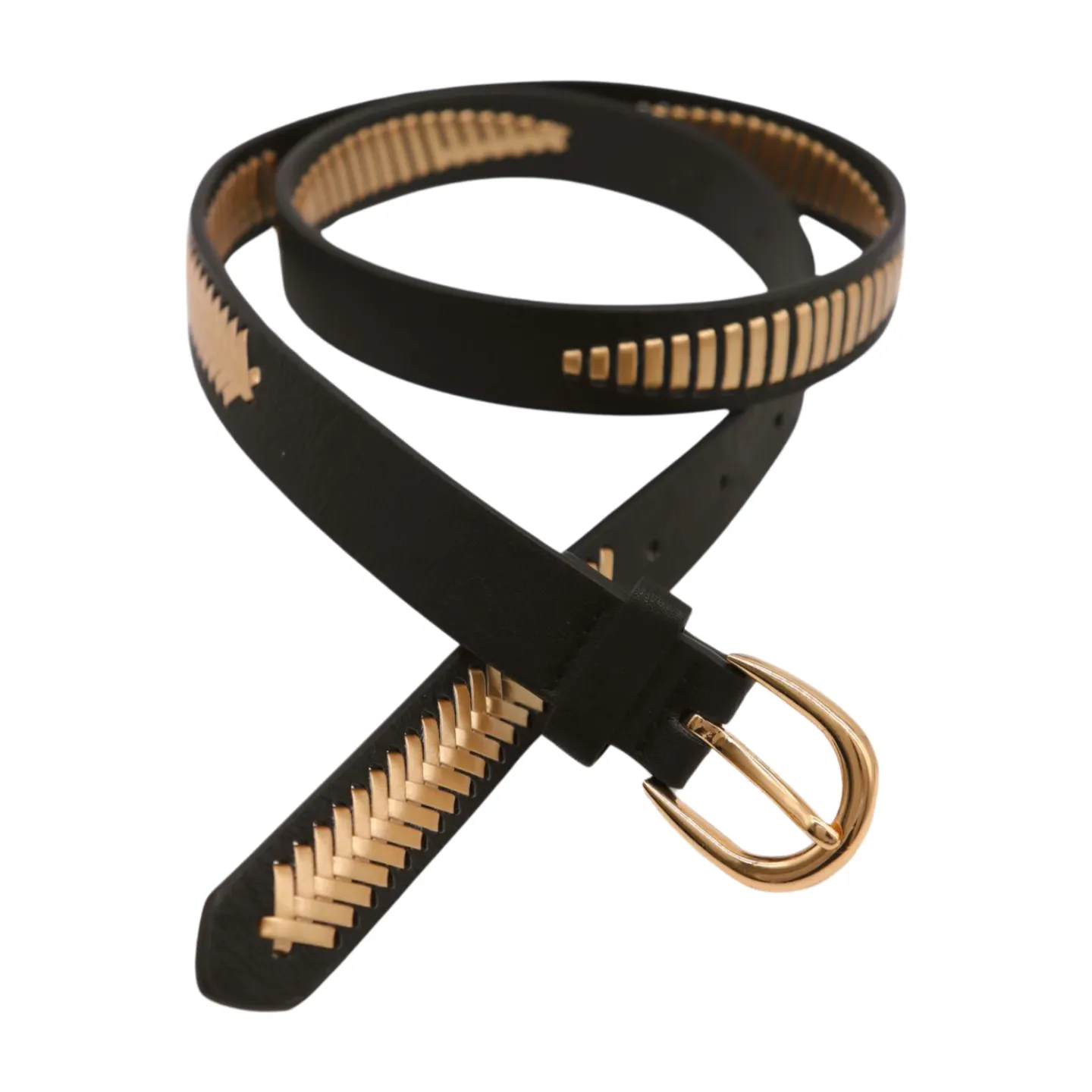 Women Black Faux Leather Gold Weave Braide Hip Waist Belt Gold Buckle S M