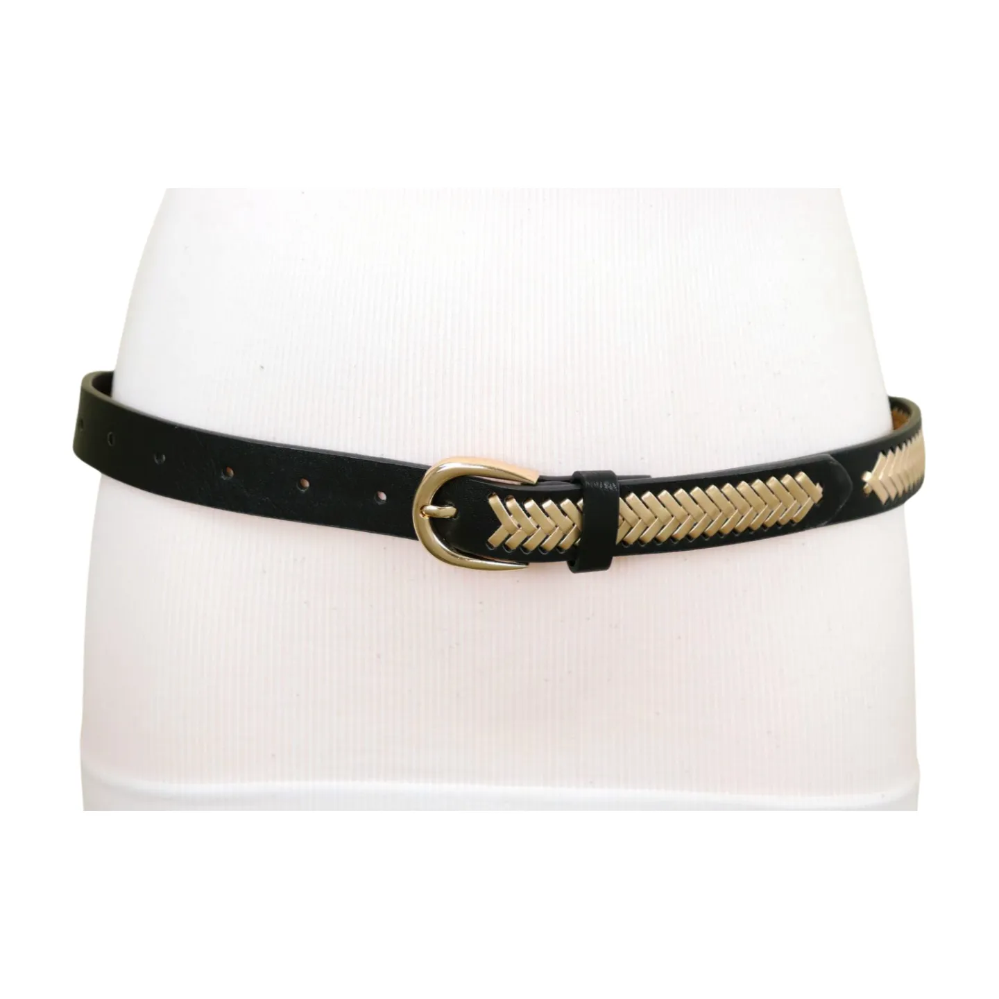 Women Black Faux Leather Gold Weave Braide Hip Waist Belt Gold Buckle S M