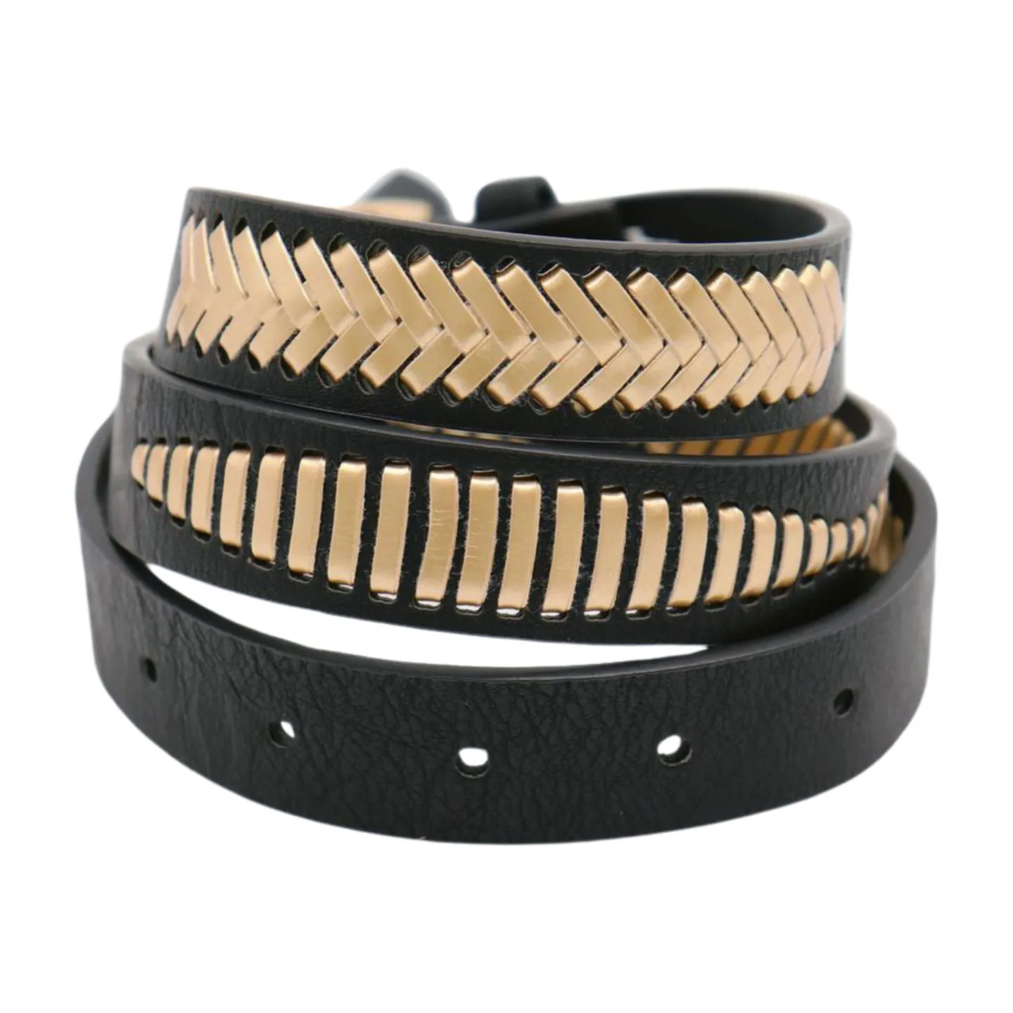 Women Black Faux Leather Gold Weave Braide Hip Waist Belt Gold Buckle S M