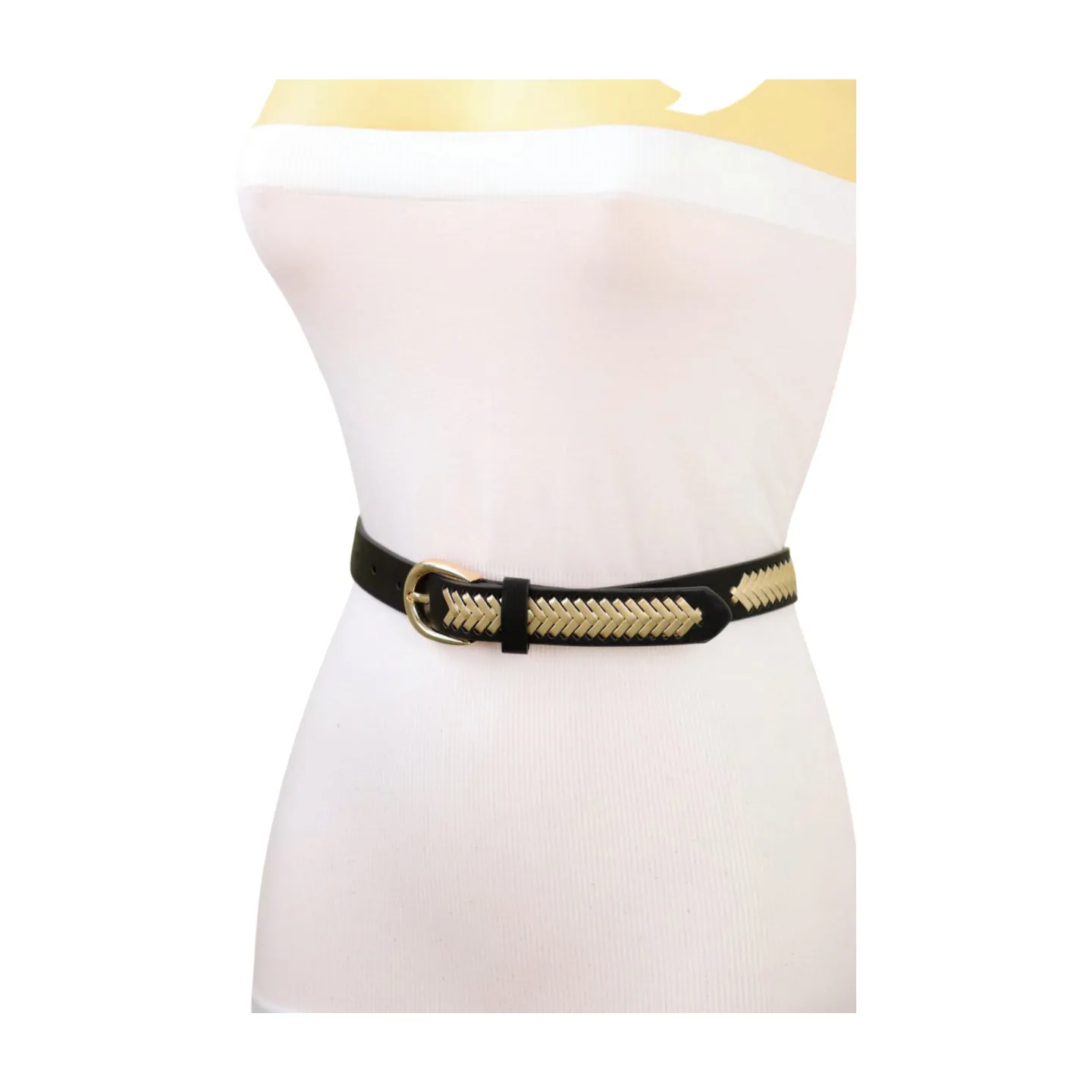 Women Black Faux Leather Gold Weave Braide Hip Waist Belt Gold Buckle S M