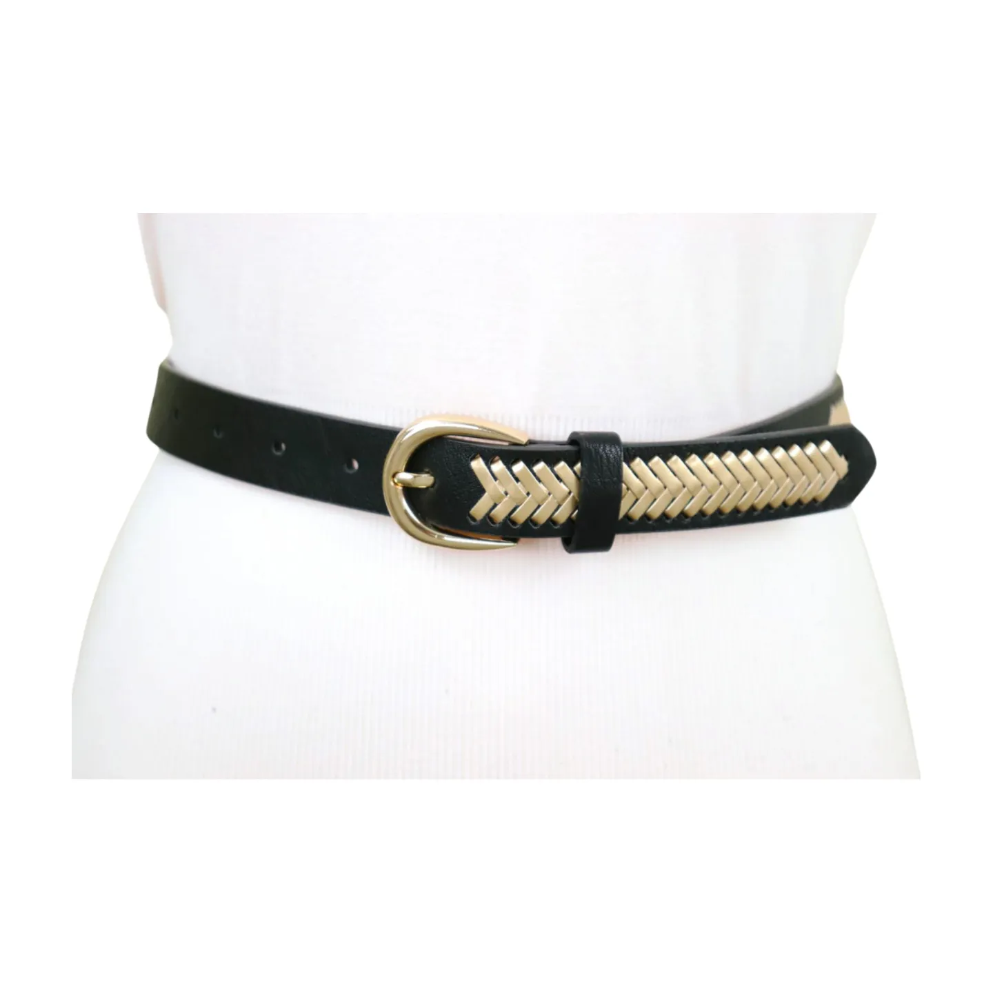 Women Black Faux Leather Gold Weave Braide Hip Waist Belt Gold Buckle S M