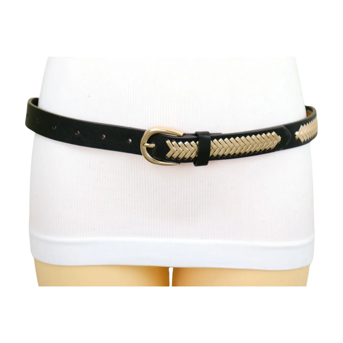 Women Black Faux Leather Gold Weave Braide Hip Waist Belt Gold Buckle S M