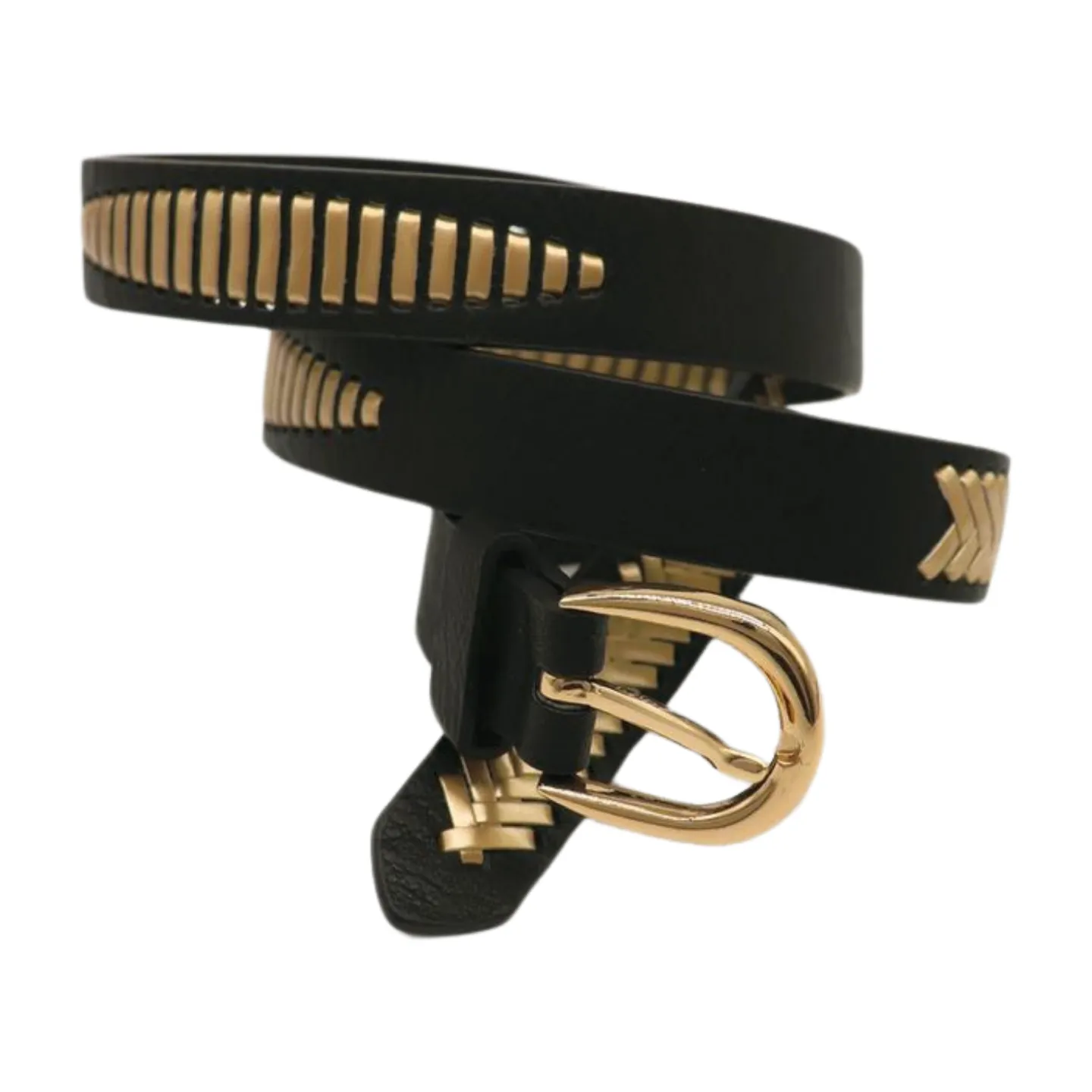 Women Black Faux Leather Gold Weave Braide Hip Waist Belt Gold Buckle S M
