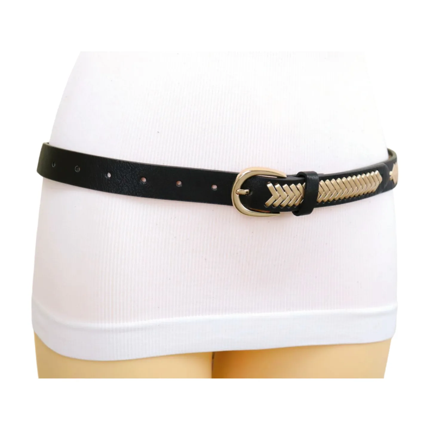 Women Black Faux Leather Gold Weave Braide Hip Waist Belt Gold Buckle S M