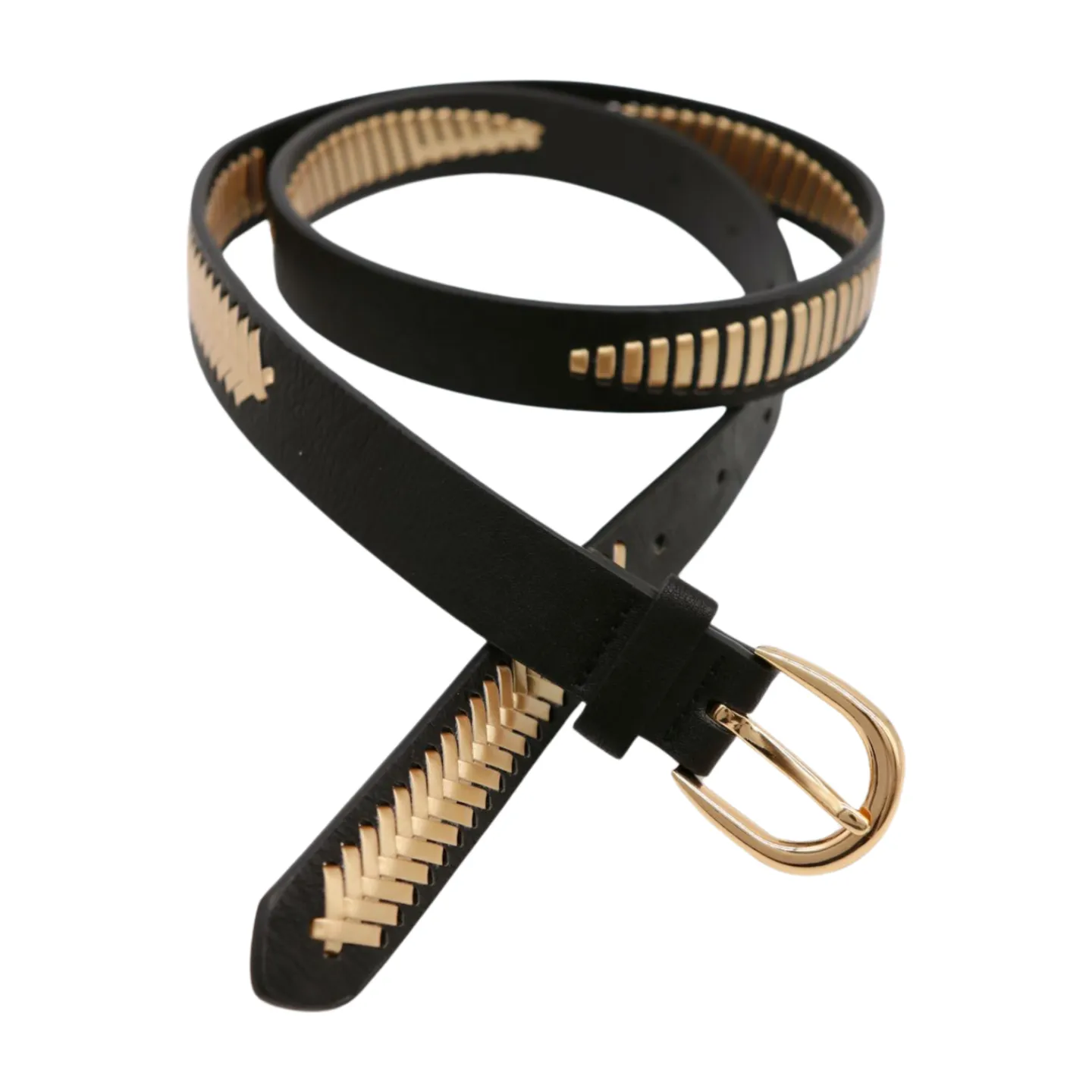 Women Black Faux Leather Gold Weave Braide Hip Waist Belt Gold Buckle S M