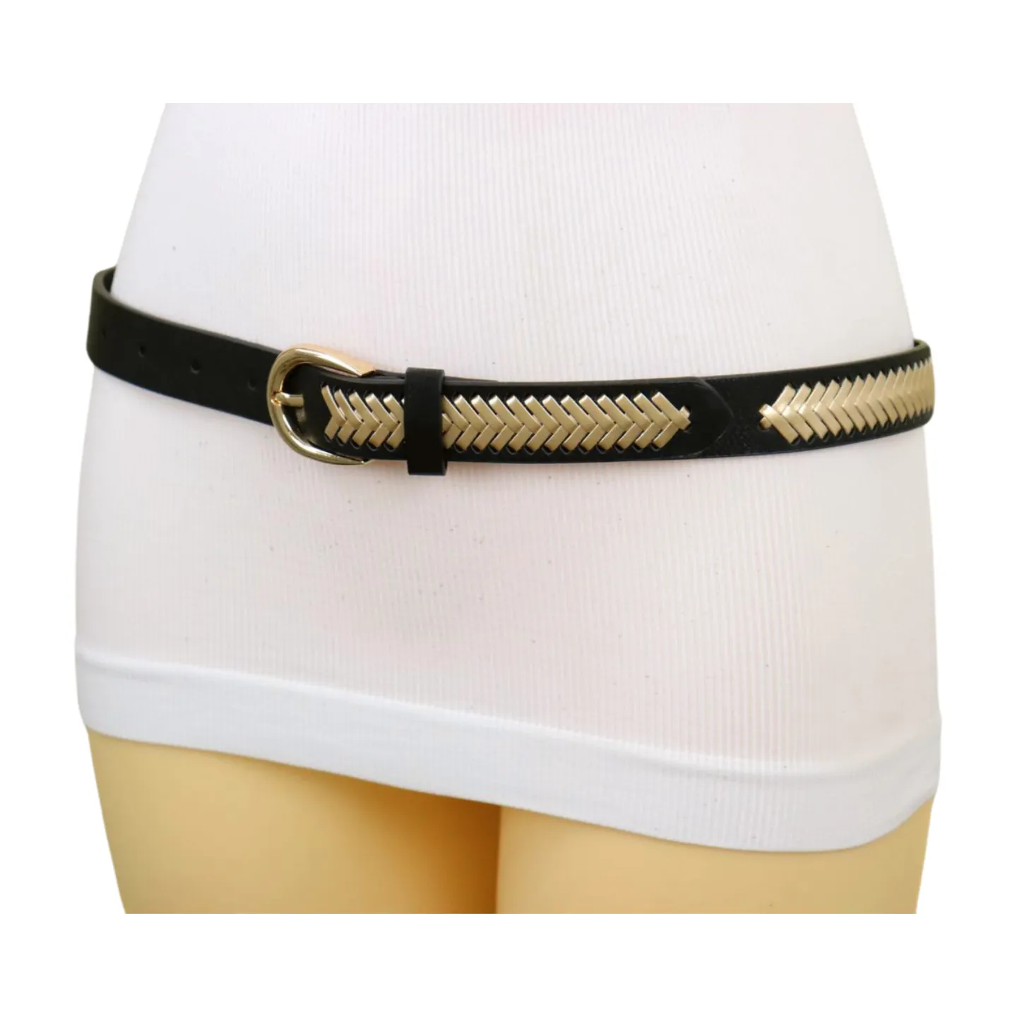 Women Black Faux Leather Gold Weave Braide Hip Waist Belt Gold Buckle S M
