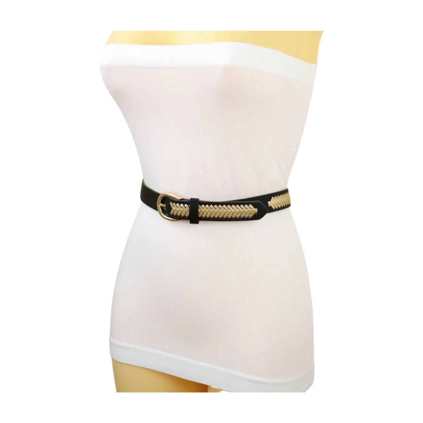 Women Black Faux Leather Gold Weave Braide Hip Waist Belt Gold Buckle S M