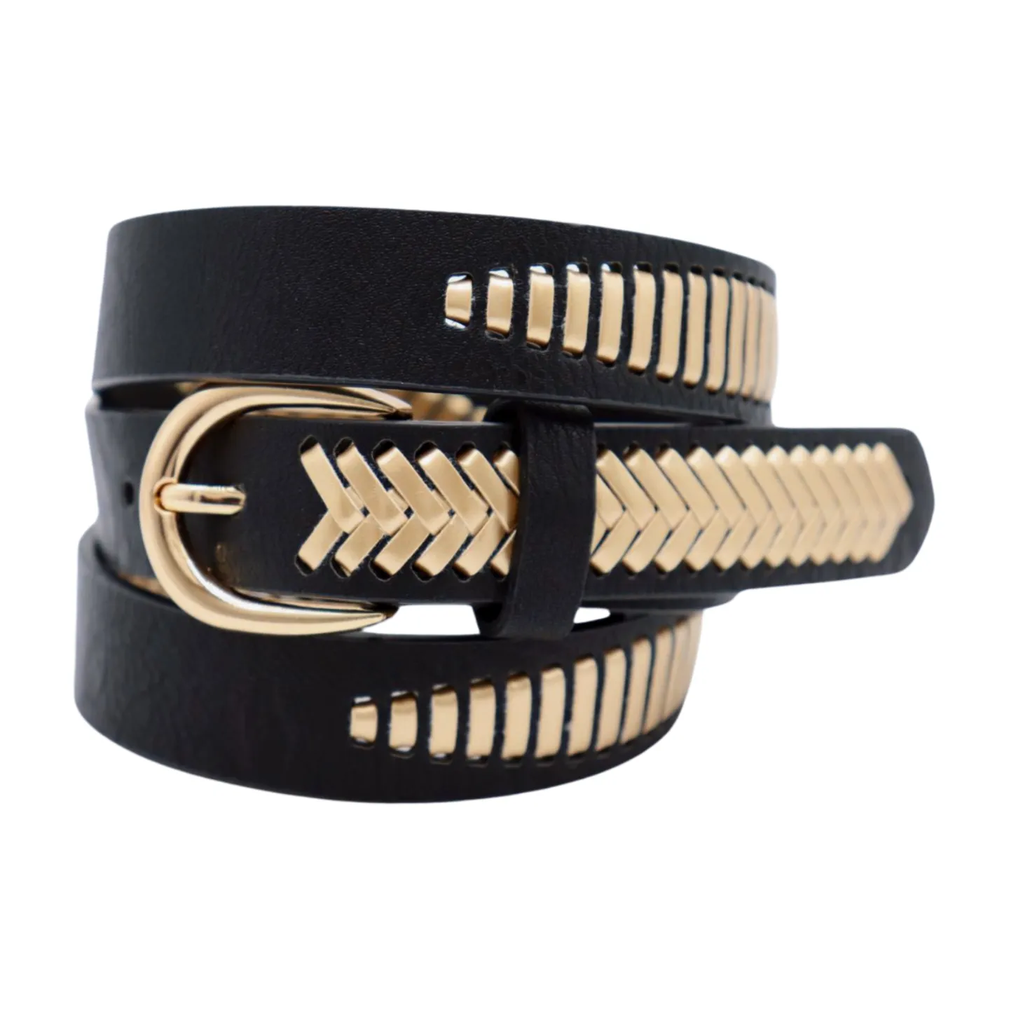Women Black Faux Leather Gold Weave Braide Hip Waist Belt Gold Buckle S M