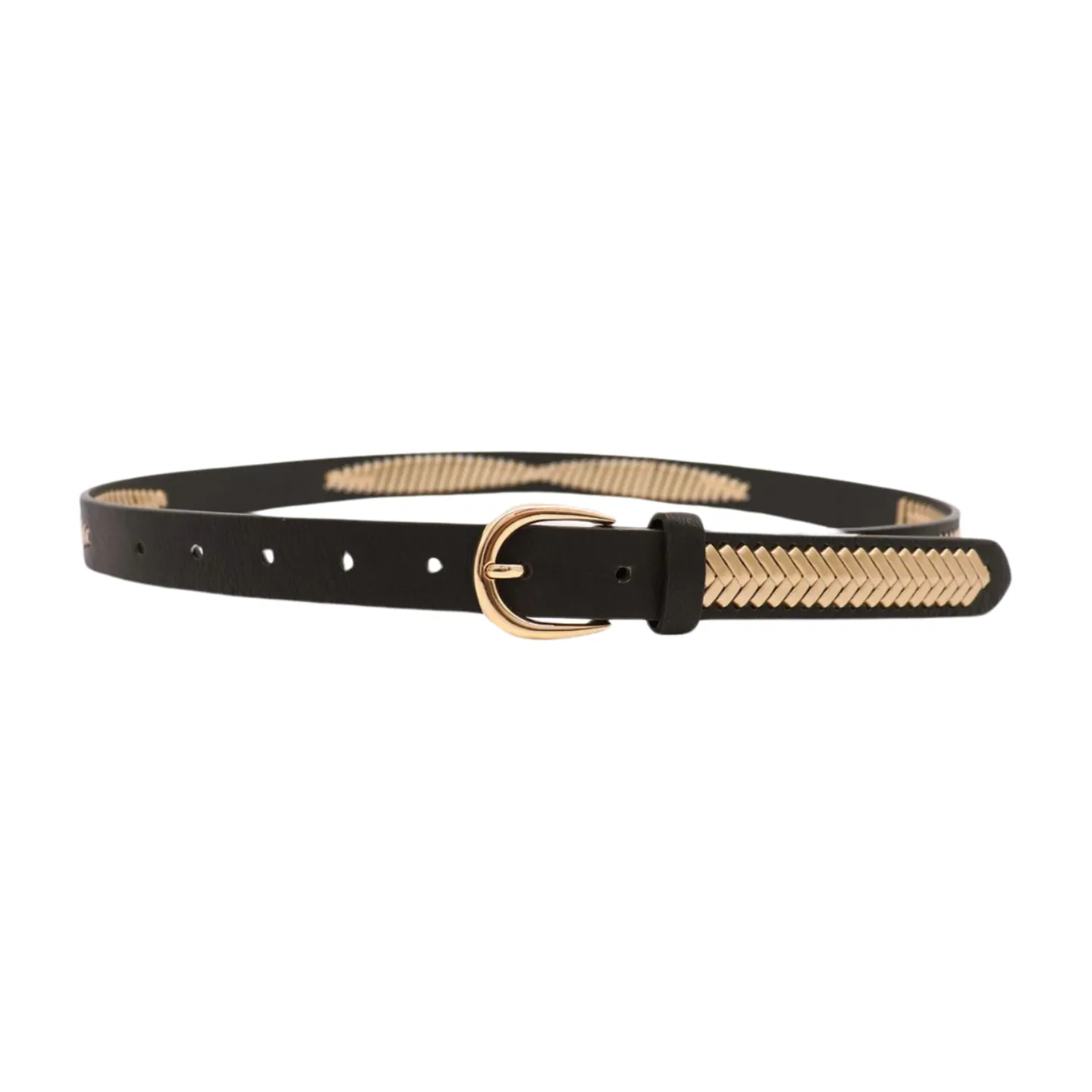 Women Black Faux Leather Gold Weave Braide Hip Waist Belt Gold Buckle S M