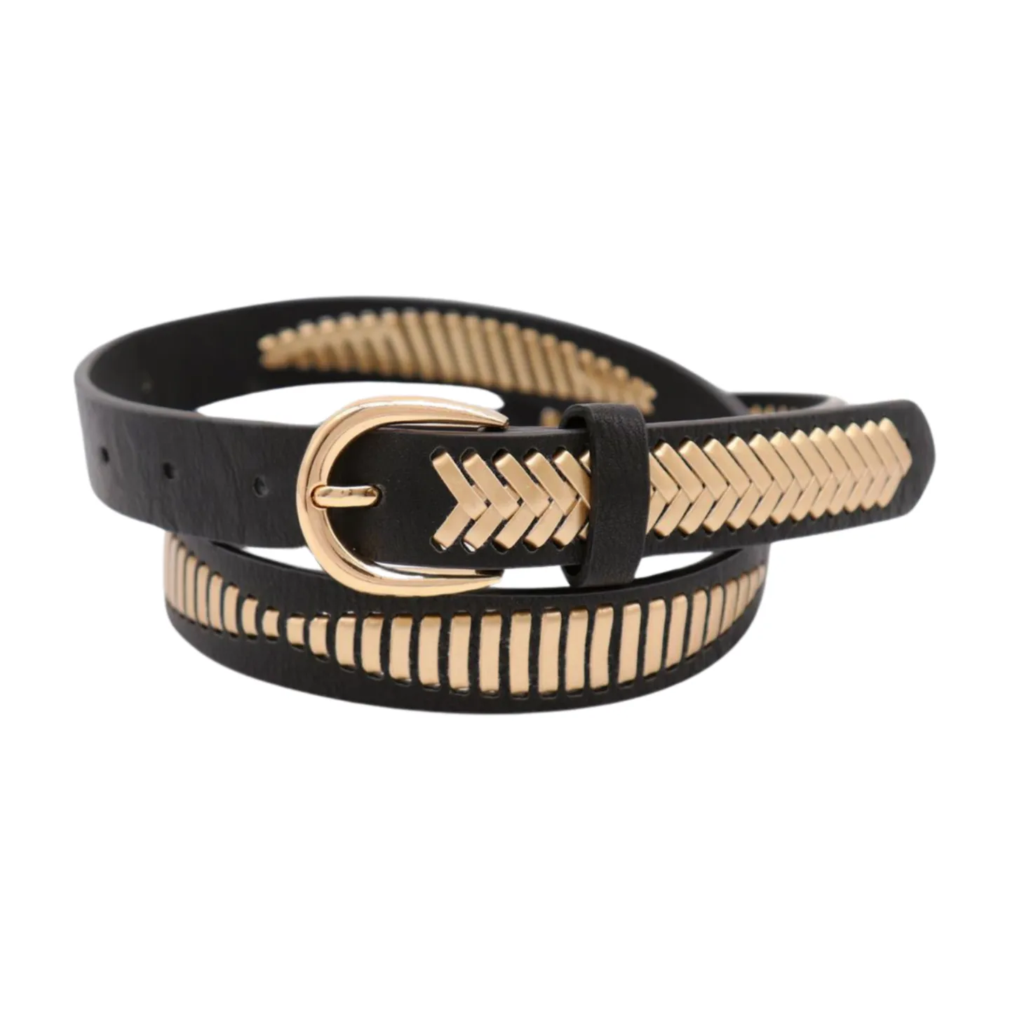 Women Black Faux Leather Gold Weave Braide Hip Waist Belt Gold Buckle S M