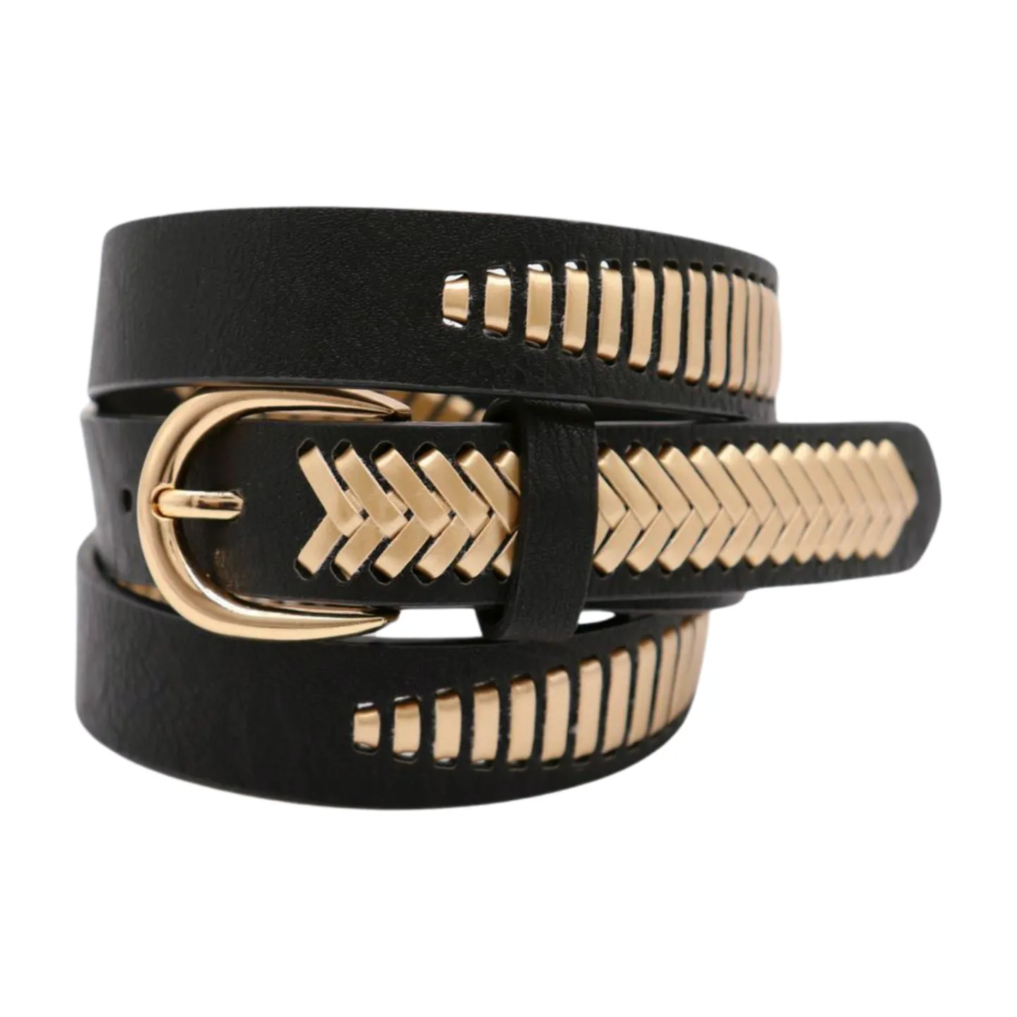 Women Black Faux Leather Gold Weave Braide Hip Waist Belt Gold Buckle S M