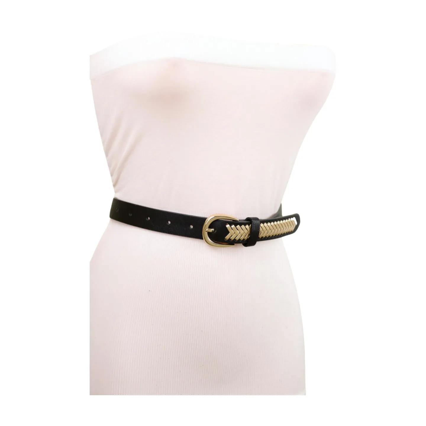 Women Black Faux Leather Gold Weave Braide Hip Waist Belt Gold Buckle S M