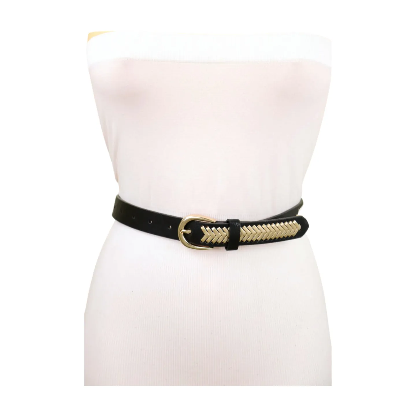 Women Black Faux Leather Gold Weave Braide Hip Waist Belt Gold Buckle S M