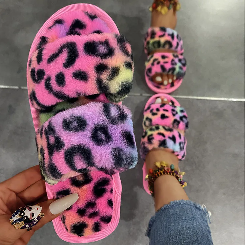 Women New Indoor Fuzzy Leopard Plush House Flat With Fuzzy Slipper