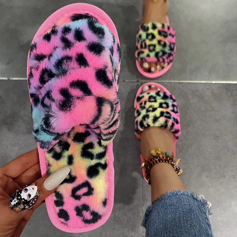 Women New Indoor Fuzzy Leopard Plush House Flat With Fuzzy Slipper