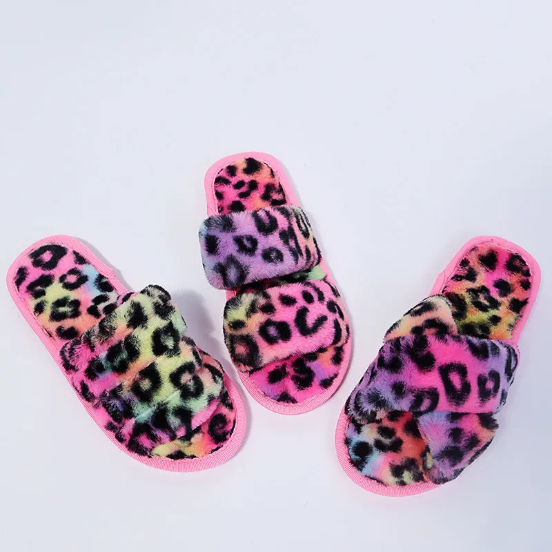 Women New Indoor Fuzzy Leopard Plush House Flat With Fuzzy Slipper