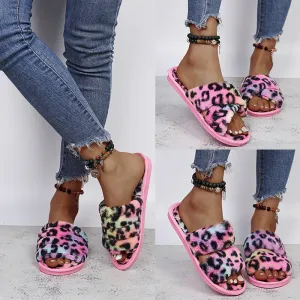 Women New Indoor Fuzzy Leopard Plush House Flat With Fuzzy Slipper