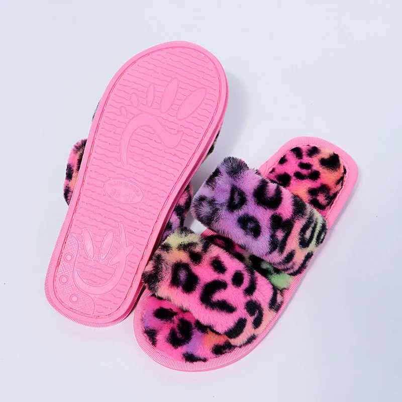 Women New Indoor Fuzzy Leopard Plush House Flat With Fuzzy Slipper