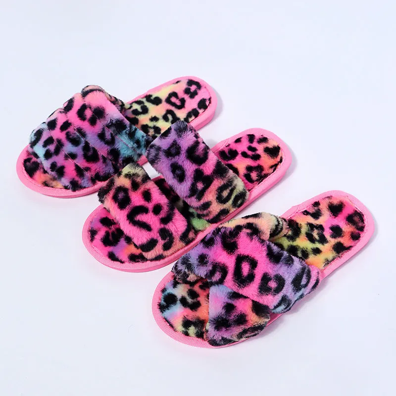 Women New Indoor Fuzzy Leopard Plush House Flat With Fuzzy Slipper