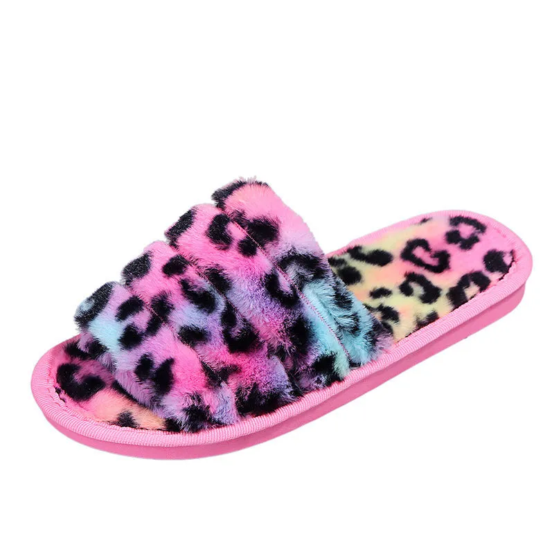 Women New Indoor Fuzzy Leopard Plush House Flat With Fuzzy Slipper