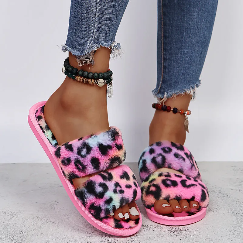 Women New Indoor Fuzzy Leopard Plush House Flat With Fuzzy Slipper