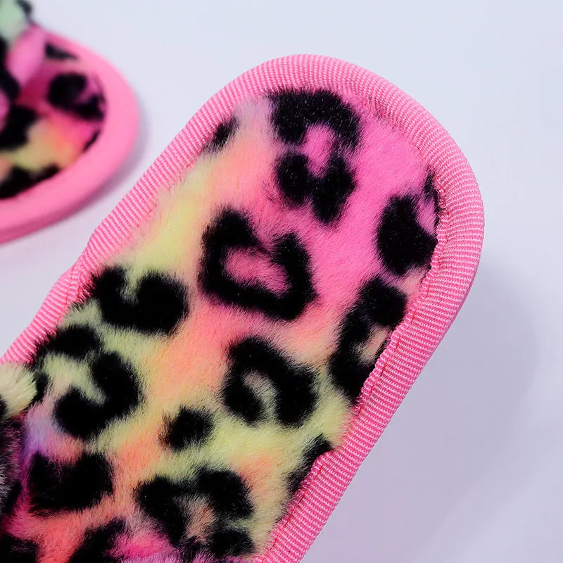 Women New Indoor Fuzzy Leopard Plush House Flat With Fuzzy Slipper