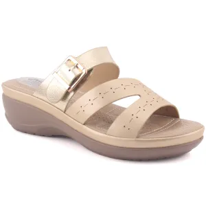 Women "BRIELLE" Perforated Strap Open Toe Buckled Wedge Comfort Slippers