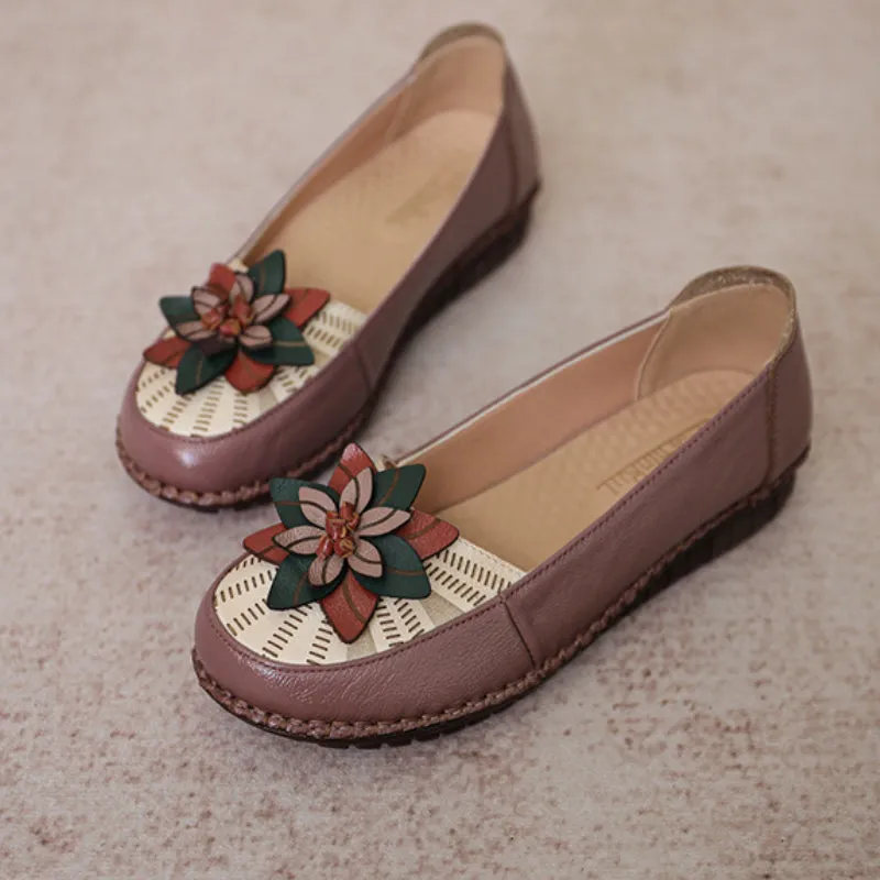 Women's Genuine Leather Flat Non-slip Soft Sole Comfortable Shoes Flower Casual Flat Shoes