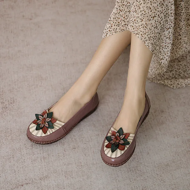 Women's Genuine Leather Flat Non-slip Soft Sole Comfortable Shoes Flower Casual Flat Shoes