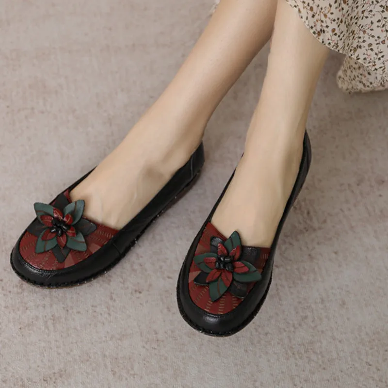 Women's Genuine Leather Flat Non-slip Soft Sole Comfortable Shoes Flower Casual Flat Shoes