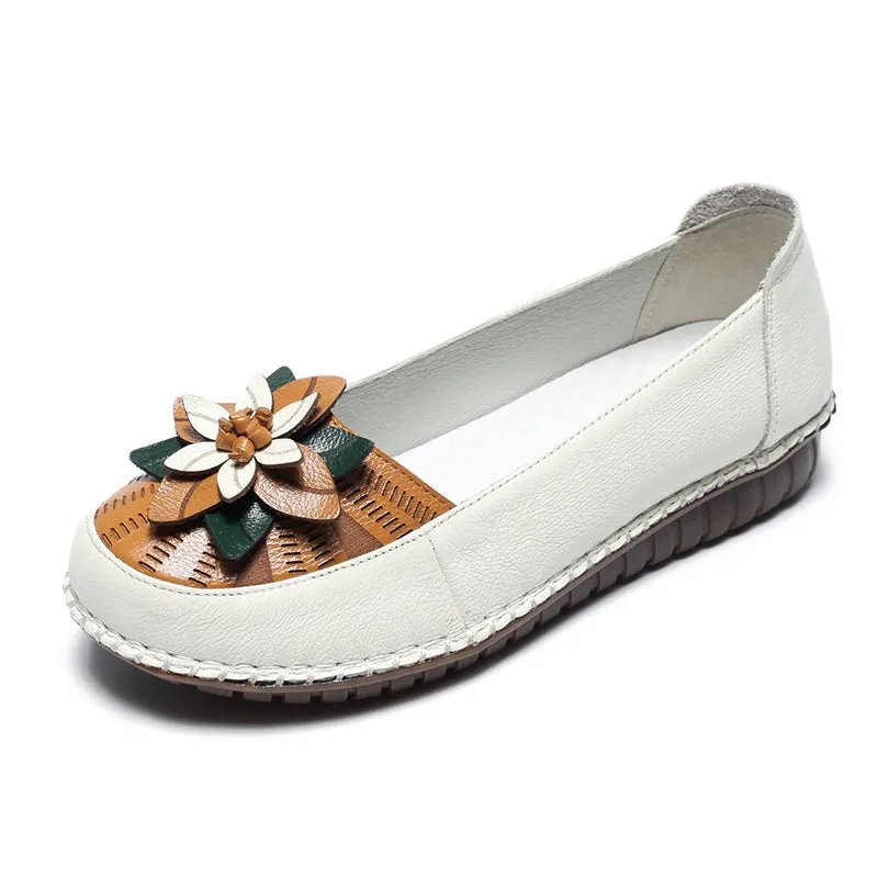 Women's Genuine Leather Flat Non-slip Soft Sole Comfortable Shoes Flower Casual Flat Shoes