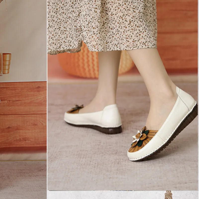 Women's Genuine Leather Flat Non-slip Soft Sole Comfortable Shoes Flower Casual Flat Shoes