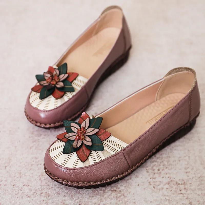 Women's Genuine Leather Flat Non-slip Soft Sole Comfortable Shoes Flower Casual Flat Shoes