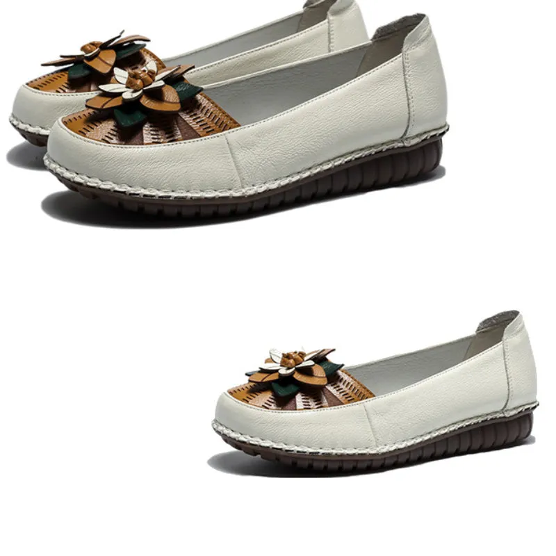Women's Genuine Leather Flat Non-slip Soft Sole Comfortable Shoes Flower Casual Flat Shoes