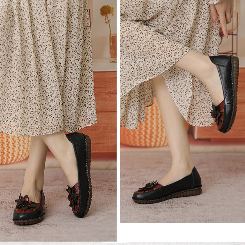 Women's Genuine Leather Flat Non-slip Soft Sole Comfortable Shoes Flower Casual Flat Shoes