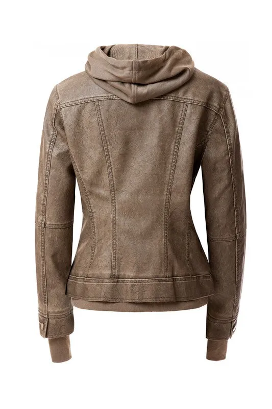 Women's Hooded PU Leather Jacket
