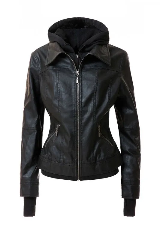 Women's Hooded PU Leather Jacket
