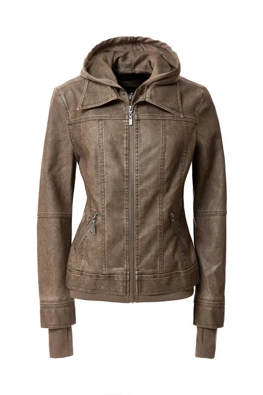 Women's Hooded PU Leather Jacket