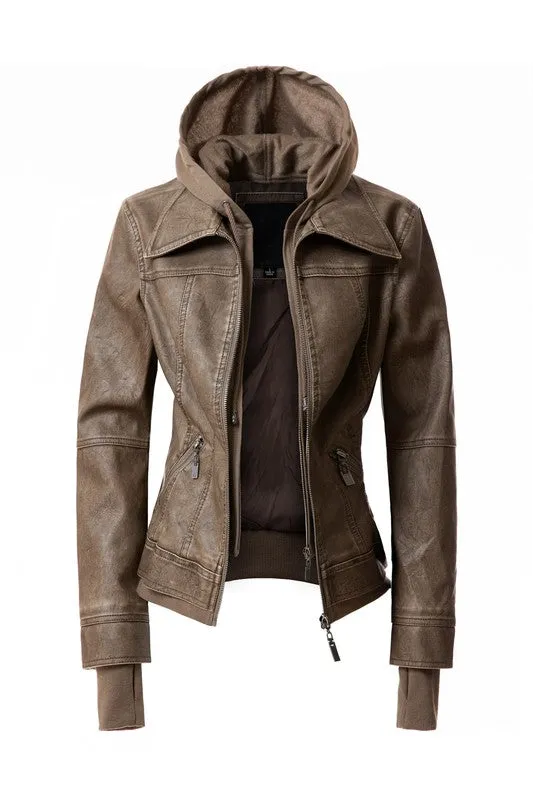 Women's Hooded PU Leather Jacket
