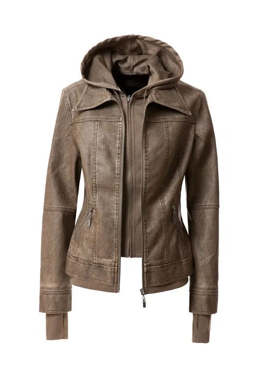 Women's Hooded PU Leather Jacket