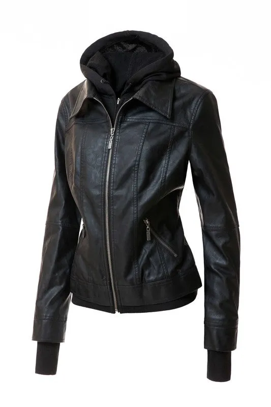 Women's Hooded PU Leather Jacket