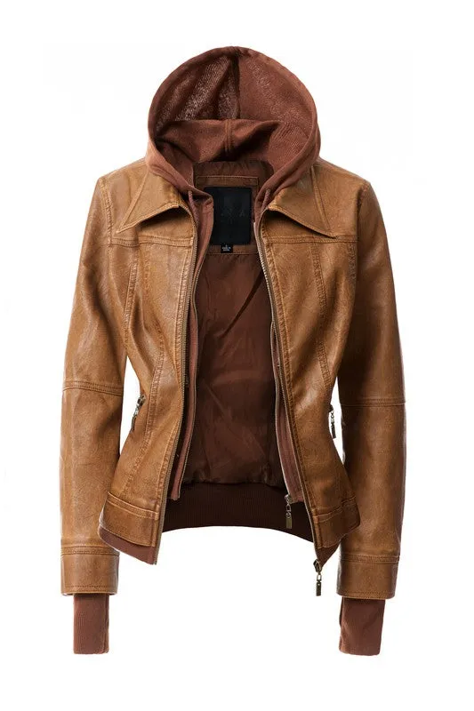 Women's Hooded PU Leather Jacket